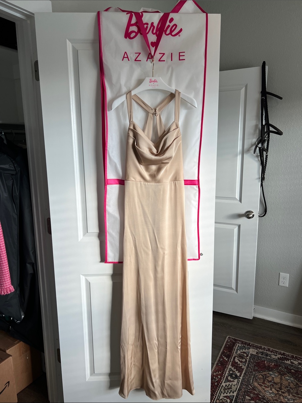 Azazie - Barbie - Champagne Satin Cowl Neck Maxi Dress